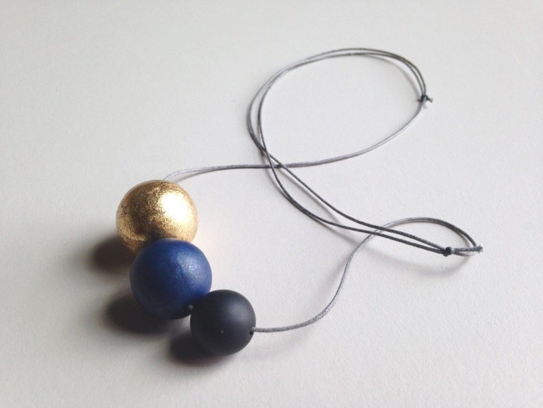 Polymer clay beaded necklace. Minimalistic spheres in gold, blue, black. Simple round beads. image 2