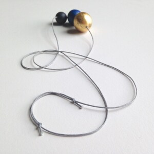 Polymer clay beaded necklace. Minimalistic spheres in gold, blue, black. Simple round beads. image 3