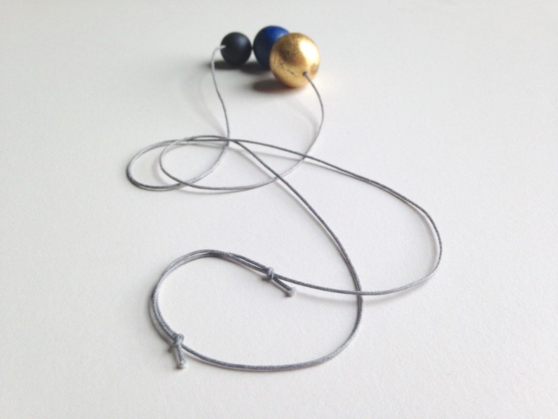 Polymer clay beaded necklace. Minimalistic spheres in gold, blue, black. Simple round beads. image 3