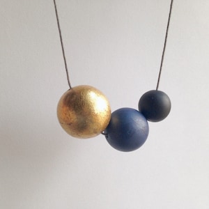 Polymer clay beaded necklace. Minimalistic spheres in gold, blue, black. Simple round beads. image 1