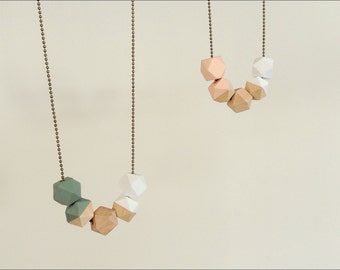 Geometric wooden beads necklace, peach - white - green