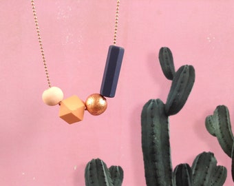 Geometric beads necklace, peach - rosé - blue, minimalistic scandinavian look.