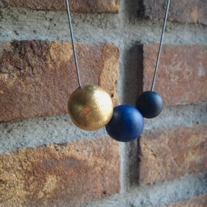 Polymer clay beaded necklace. Minimalistic spheres in gold, blue, black. Simple round beads. image 4