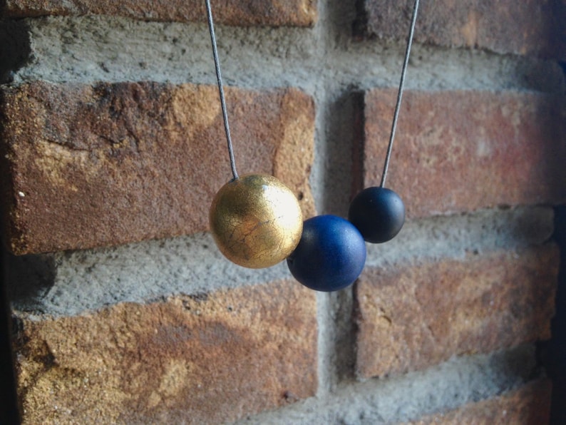 Polymer clay beaded necklace. Minimalistic spheres in gold, blue, black. Simple round beads. image 4