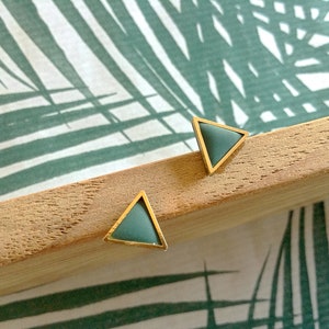 Golden triangle shaped polymer clay earrings. image 2