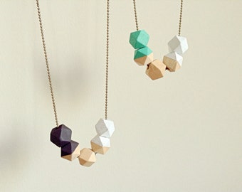 Geometric wooden beads necklace, mint white sepia