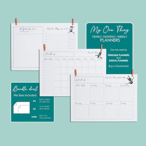 My One Thing. 3 PAGE PLANNER. Year, Month & Week planners. Printable and Digitable. Fillable. Monday or Sunday Start PDF. Check boxes.
