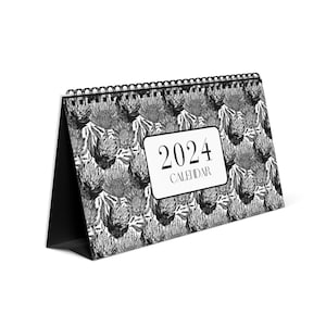 2024 Desk Calendar with botanical and wild-life artwork, lined To-do list & Events section and monthly worded reminders from nature.