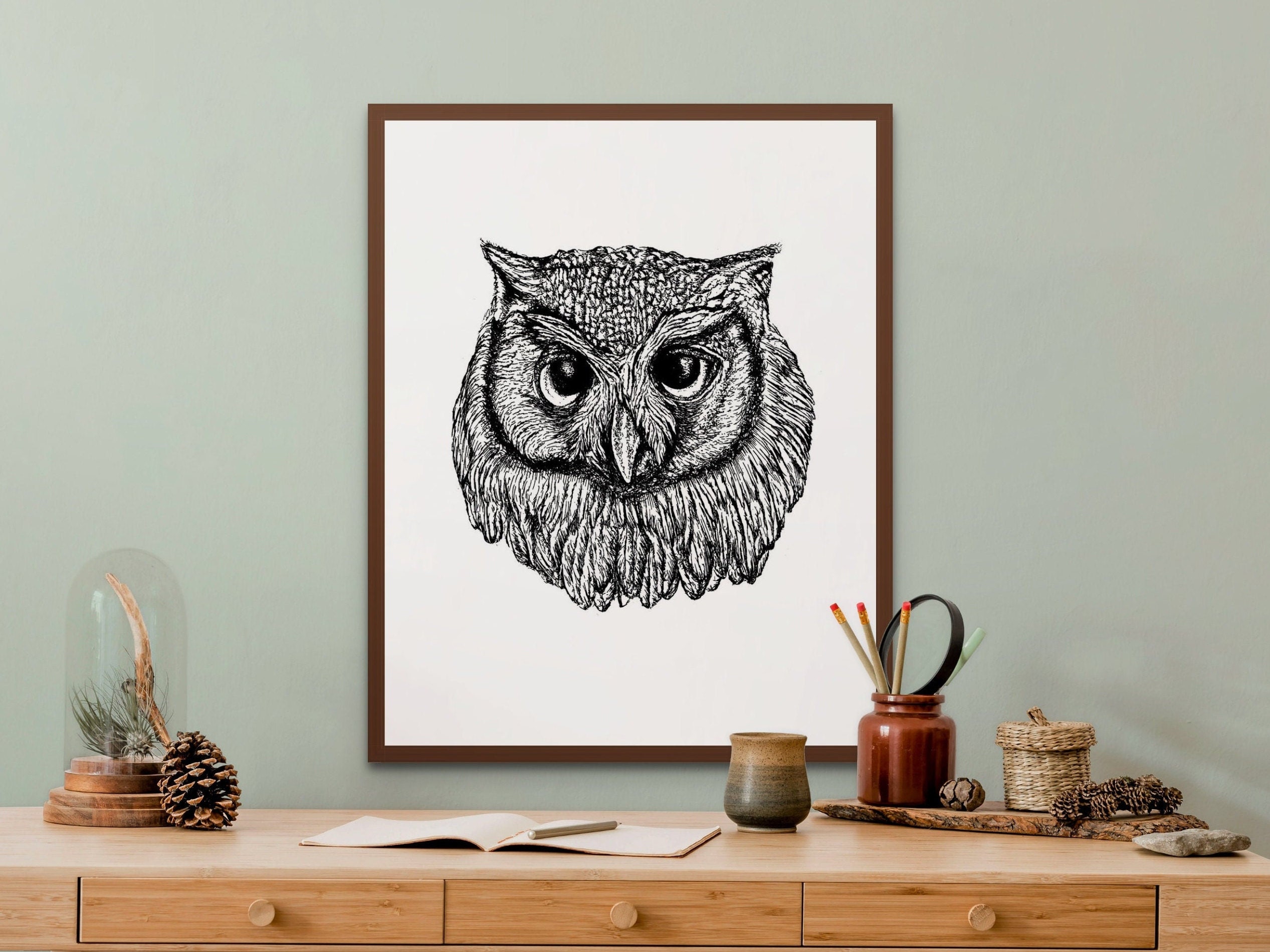 Owl Art Print (Athene Noctua) INSTANT DOWNLOAD. A symbol of wisdom, science and strategy. Digitized