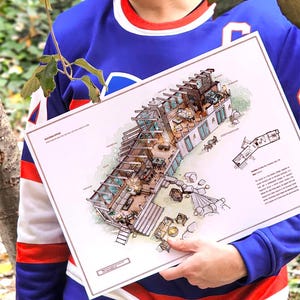 Peut inclure: Illustration architecturale détaillée d'une maison moderne à plusieurs niveaux, avec des murs en verre et des espaces extérieurs. Le dessin est détaillé avec des ombres et des étiquettes. La maison est située dans un paysage naturel.