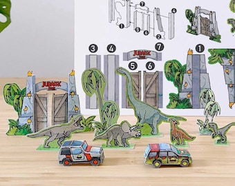 Jurassic Visitor Center PAPERCRAFT - Dino gates - Vehicles and dinos expansion pack -  Cut & Assemble Paper Model Kit