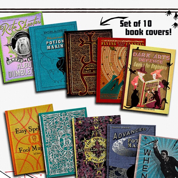 HP Book Covers - Magic School books - Replica from the films - Pack of 10 Dust Jackets - Din A5