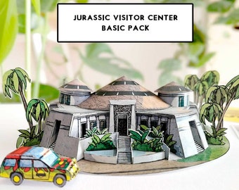 Jurassic Centro de Visitantes - Vehículos y dinosaurios - Maqueta recortable de papel