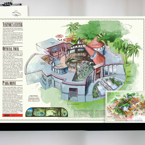 JURASSIC MAP - Visitor's center map + Free "Safari Lodge Hotel" postcard - Original illustration