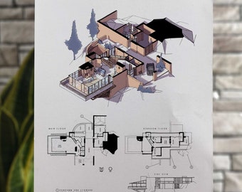 Ilustración de "Con la Muerte en los Talones" -  plano de la casa VANDAMM  -  DIN A4