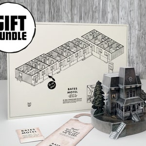 PACCHETTO BUNDLE - Modello di carta Psycho House + mappa del motel + cartello "Non disturbare" e scatola di fiammiferi finta