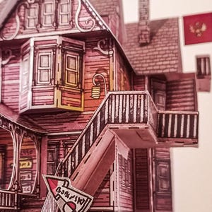 May include: A pink paper model of a house with a white and black striped railing and a red and white sign that says "WARNING".