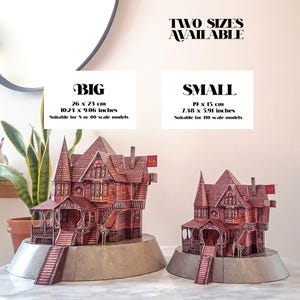 May include: Two sizes of a detailed paper model of a red Victorian house with a porch and stairs. The larger model is 10.24 x 9.06 inches and suitable for S or 00 scale models. The smaller model is 7.48 x 5.91 inches and suitable for HO scale models.  "TWO SIZES AVAILABLE" and "BIG" and "SMALL" are written in black text on white backgrounds.