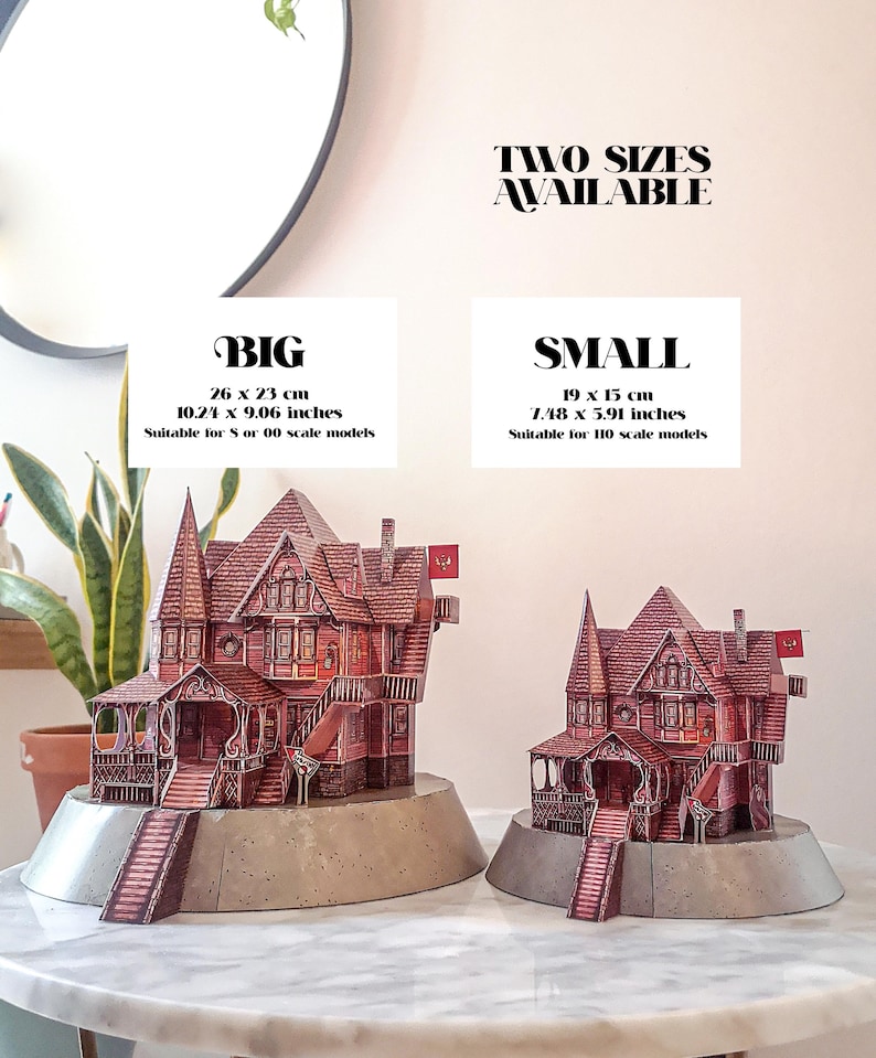 May include: Two sizes of a detailed paper model of a red Victorian house with a porch and stairs. The larger model is 10.24 x 9.06 inches and suitable for S or 00 scale models. The smaller model is 7.48 x 5.91 inches and suitable for HO scale models.  "TWO SIZES AVAILABLE" and "BIG" and "SMALL" are written in black text on white backgrounds.
