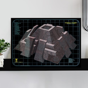 May include: A black and white digital illustration of a futuristic building with a pyramid shape. The building is labeled "TYRELL CORP. ADVANCED SYSTEMS DIVISION".