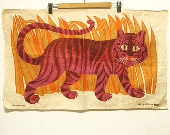 70's vintage Deadstock  BELINDA LYON Tiger Tea towel Irish linen