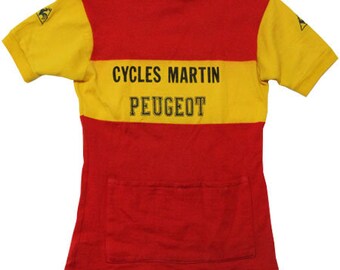 Maillot Cycliste Vintage Années 70 - Peugeot Acrylique Rouge/Noir - Taille M (Occasion)