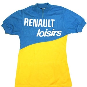 May include: A vintage blue and yellow cycling jersey with the text "Renault Loisirs" in white.