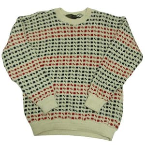 May include: Cream-colored sweater with a repeating pattern of red and black squares. The sweater has a crew neck and long sleeves with ribbed cuffs and hem. The overall design is a classic, geometric pattern.