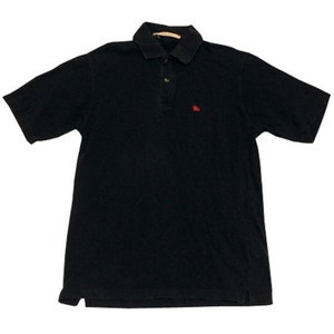 May include: A black short-sleeved polo shirt with a small red logo on the chest. The shirt has a button-down collar and a button placket.