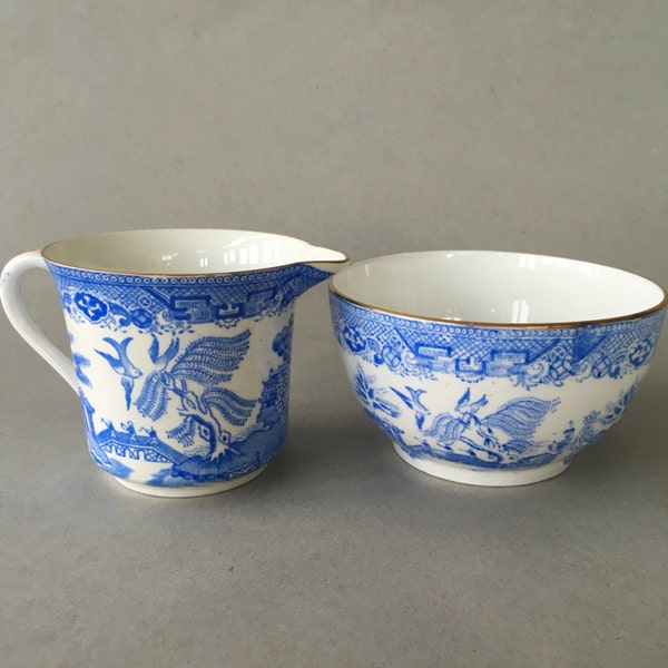Heathcote China Blue Willow Sugar & Creamer Set, open sugar bowl cream pitcher, vintage english bone china, blue white china from England