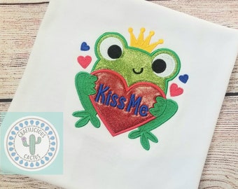on Cotton T-shirt Custom Embroidered Shirt with Name Option Available-Handmade in N.M Embroidered Valentines Day Frog with Kiss Me Heart