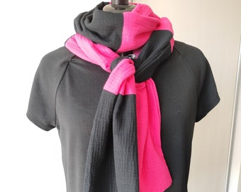 Écharpe en gaze de coton noir et fuchsia