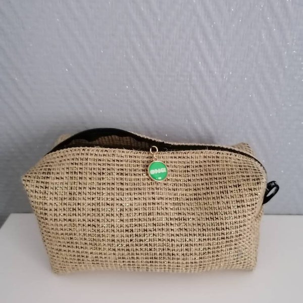 Trousse de maquillage en toile de jute vert pailleté