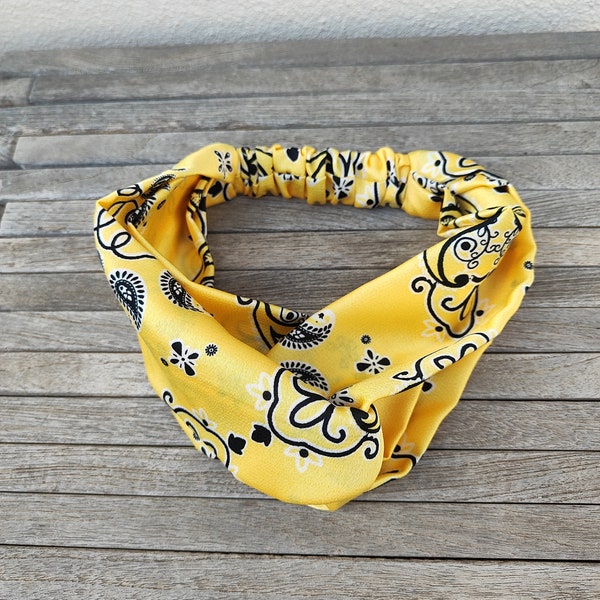 Headband bohème en crêpe imprimé bandana jaune/noir