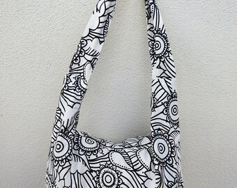 Sac à main épaule en tissu fleuri noir et blanc