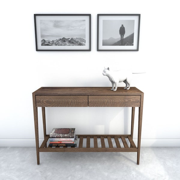 Solid oak wood console table, tall boy, charging station, entry way, living room, bureau, sideboard.