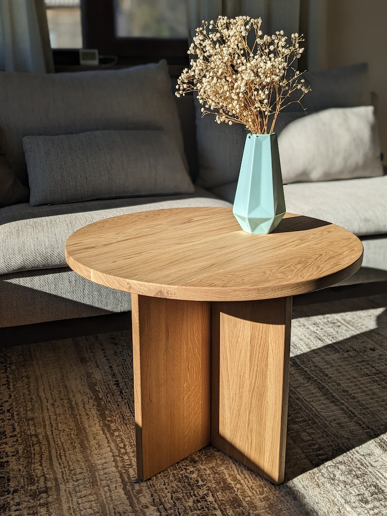 Solid oak coffee table, japandi minimalistic, small round side table zdjęcie 4