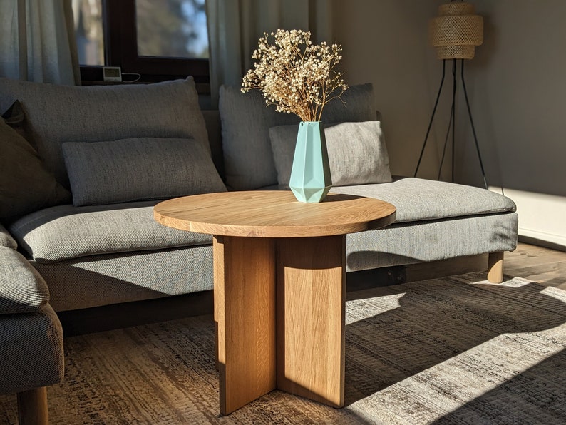 Solid oak coffee table, japandi minimalistic, small round side table zdjęcie 2