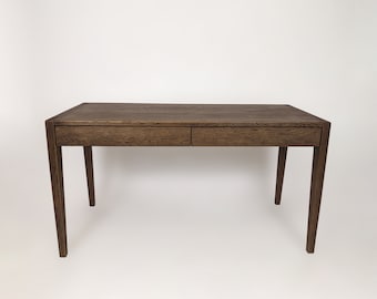 Dark solid oak wood computer desk with drawers, fast shipping.