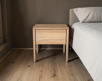 Solid Oak Nightstand with Soft Close Drawer, Handmade Minimalist Bedside Table for Bedroom