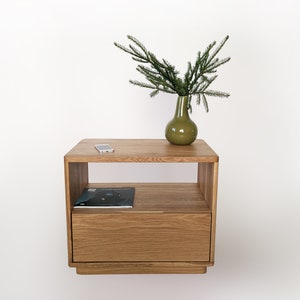 Solid Oak Wood Nightstand Cabinet – Bedside Table with Drawer and Open Shelf