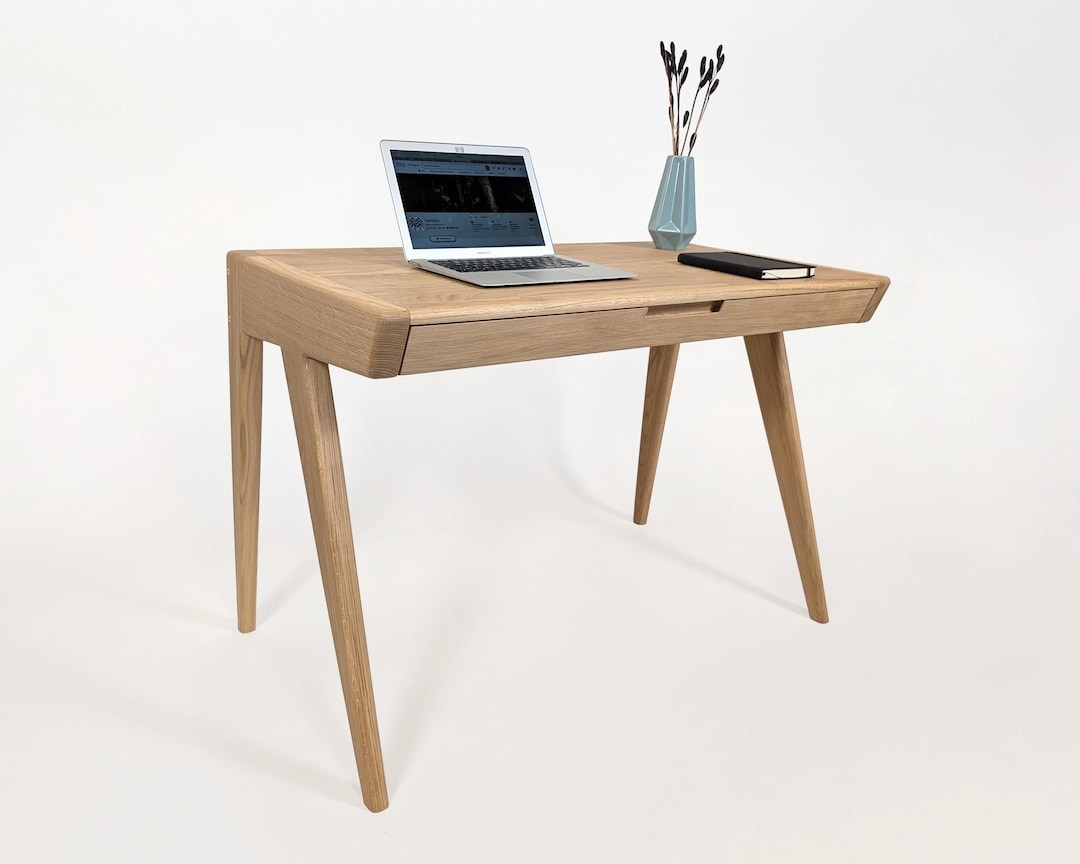 Solid Oak Desk With Drawer – Modern Minimalist Wooden Home Office Table ...
