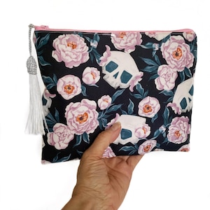 floral skull make up bag | skull and peonies cosmetic bag | witchy gift | alternative toiletry bag | halloween aesthetic pencil case