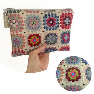 Tapestry crochet look make up bag, hand embroidered cosmetic bag, granny square print toiletry pouch, great gift for mum, sister, wife