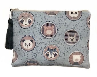 Cute makeup bag, woodland animal zipper pouch, kawaii pencil case, handmade gift