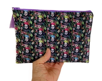 Frida kahlo makeup bag, mexican style zipper pouch, frida pencil case, artist gift, gift for art teacher