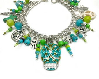 day of the dead bracelet, handmade sugar skull jewelry, mexican folk art, frida  kahlo style, handmade jewellery