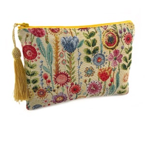 Floral makeup bag, flower tapestry zipper pouch, handmade gift for mum, cottage garden, woven cosmetic bag, gardener gift