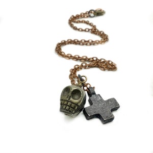 Pyrite skull and cross pendant necklace- mens pendant necklace- unisex charm necklace- gift for boyfriend,