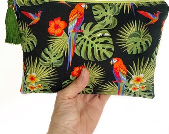 Parrot bag, tropical bird makeup bag, animal lover travel accessories